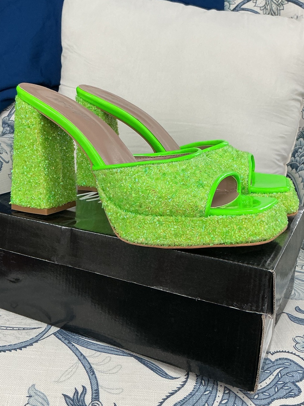 Nasty Gal Neon Green Beaded Platform Mules